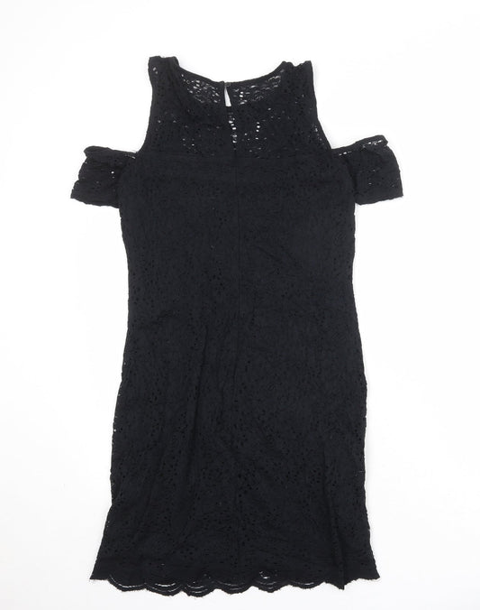 Hollister Womens Black Nylon Mini Size L Round Neck Button - Broderie Anglaise, Cold Shoulder