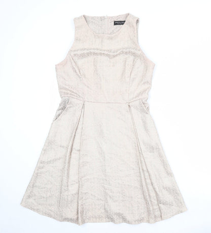 Dorothy Perkins Womens Beige Polyester Skater Dress Size 14 Round Neck Zip