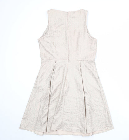 Dorothy Perkins Womens Beige Polyester Skater Dress Size 14 Round Neck Zip