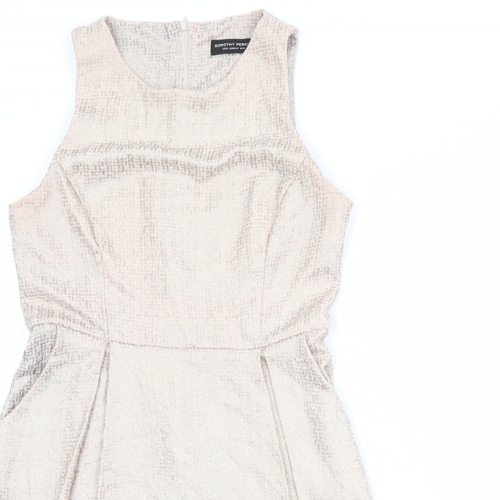 Dorothy Perkins Womens Beige Polyester Skater Dress Size 14 Round Neck Zip