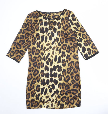 Zara Womens Brown Animal Print Polyester A-Line Size S Round Neck Pullover - Leopard Pattern
