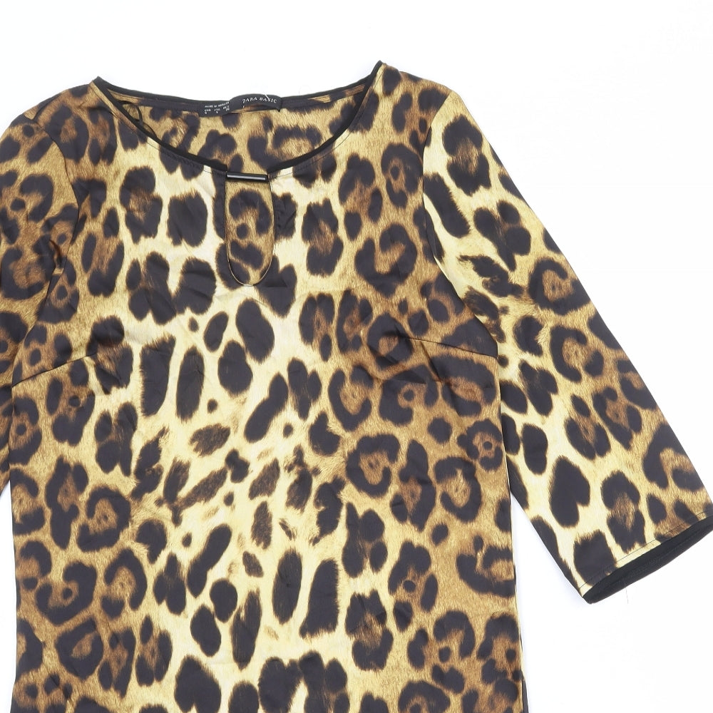 Zara Womens Brown Animal Print Polyester A-Line Size S Round Neck Pullover - Leopard Pattern