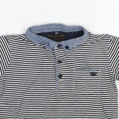 Soul & Glory Boys Black Striped Cotton Basic Polo Size 7-8 Years Collared Pullover