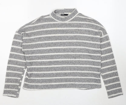 Bug Womens Grey Mock Neck Striped Polyester Pullover Jumper Size S
