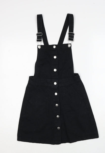 H&M Womens Black Cotton Pinafore/Dungaree Dress Size 6 Square Neck Button