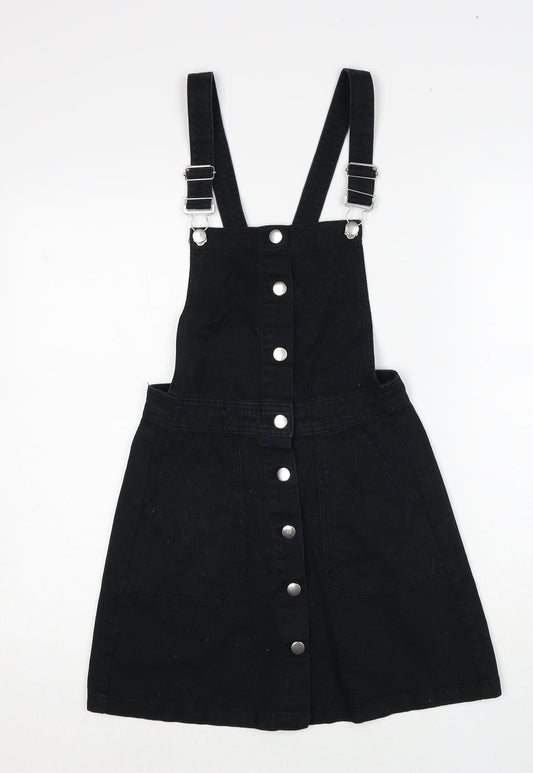 H&M Womens Black Cotton Pinafore/Dungaree Dress Size 6 Square Neck Button