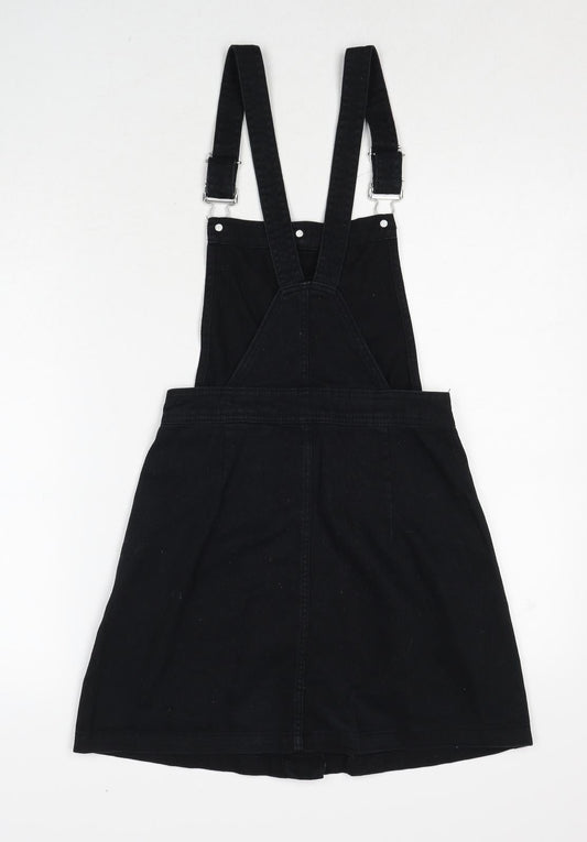 H&M Womens Black Cotton Pinafore/Dungaree Dress Size 6 Square Neck Button