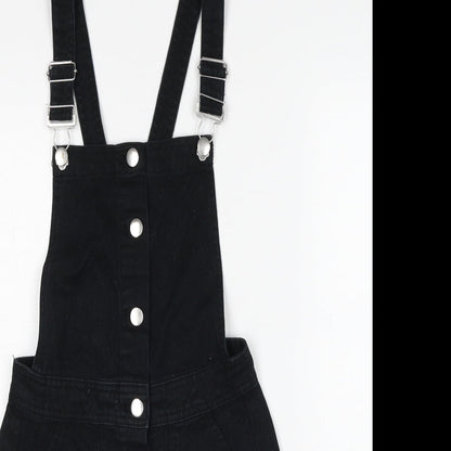 H&M Womens Black Cotton Pinafore/Dungaree Dress Size 6 Square Neck Button