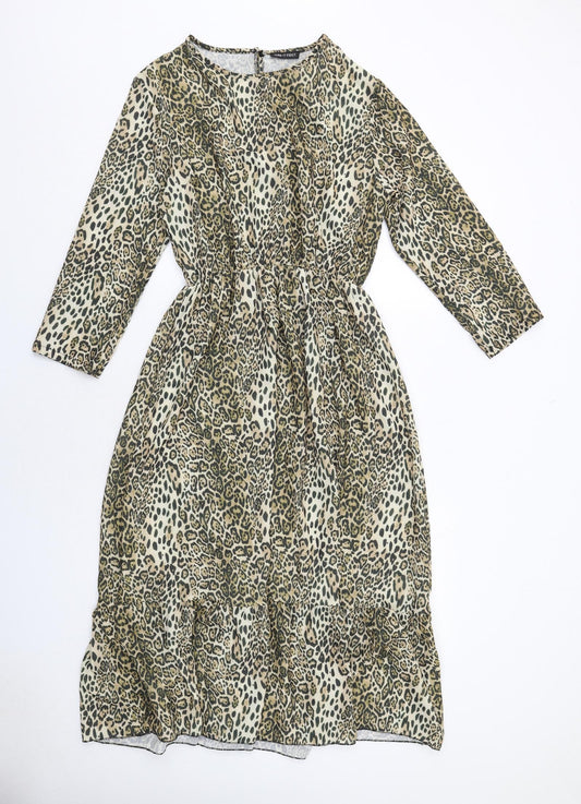Additional front view of I SAW IT FIRST women’s brown animal print polyester a-line, round neck button - leopard print