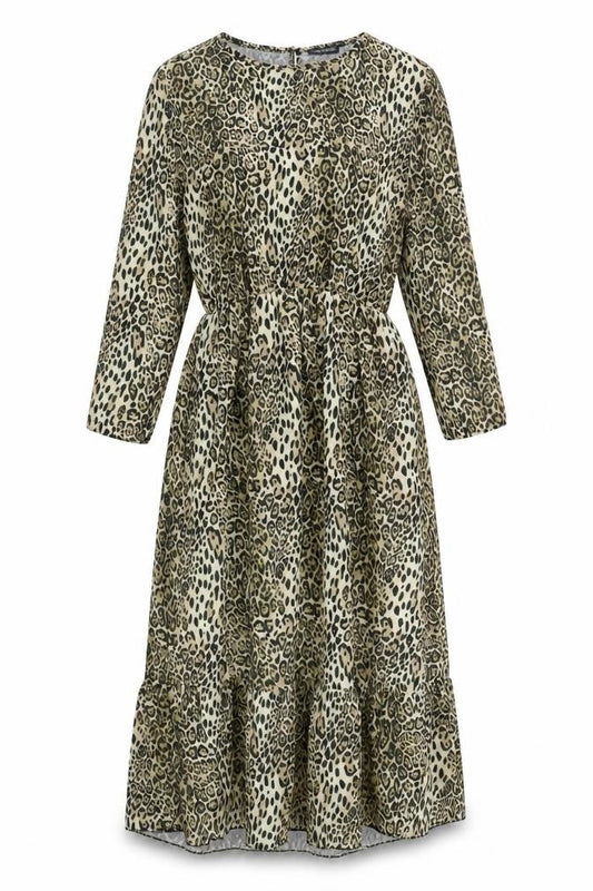 Front view of I SAW IT FIRST women’s brown animal print polyester a-line, size S, round neck button - leopard print