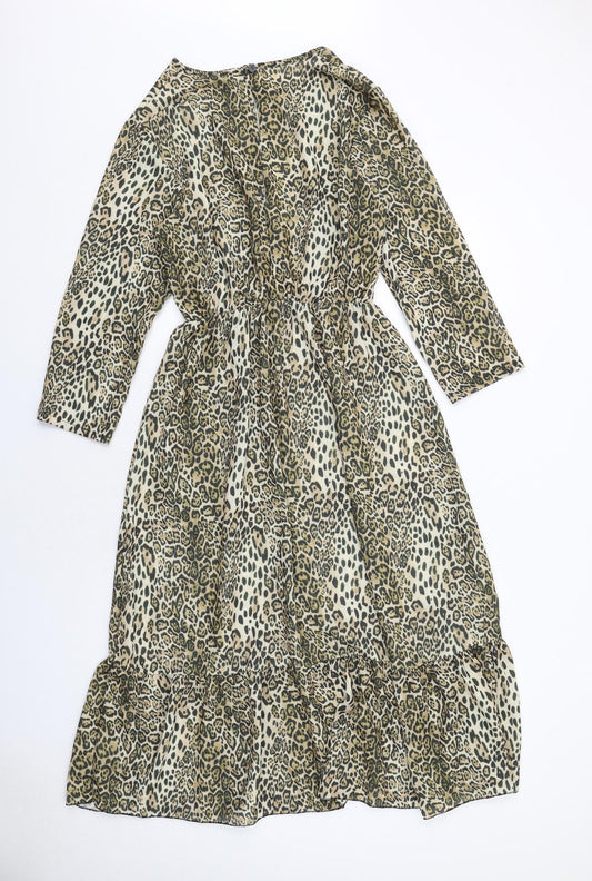 I SAW IT FIRST Womens Brown Animal Print Polyester A-Line Size S Round Neck Button - Leopard Print
