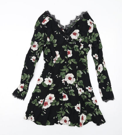 Very Womens Black Floral Viscose A-Line Size 10 V-Neck Zip - Lace Details