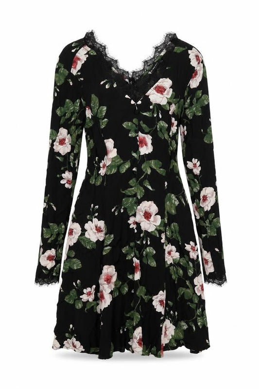 Very Womens Black Floral Viscose A-Line Size 10 V-Neck Zip - Lace Details