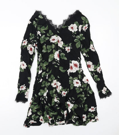 Very Womens Black Floral Viscose A-Line Size 10 V-Neck Zip - Lace Details