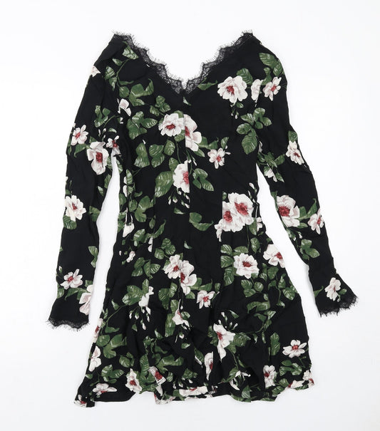 Very Womens Black Floral Viscose A-Line Size 10 V-Neck Zip - Lace Details