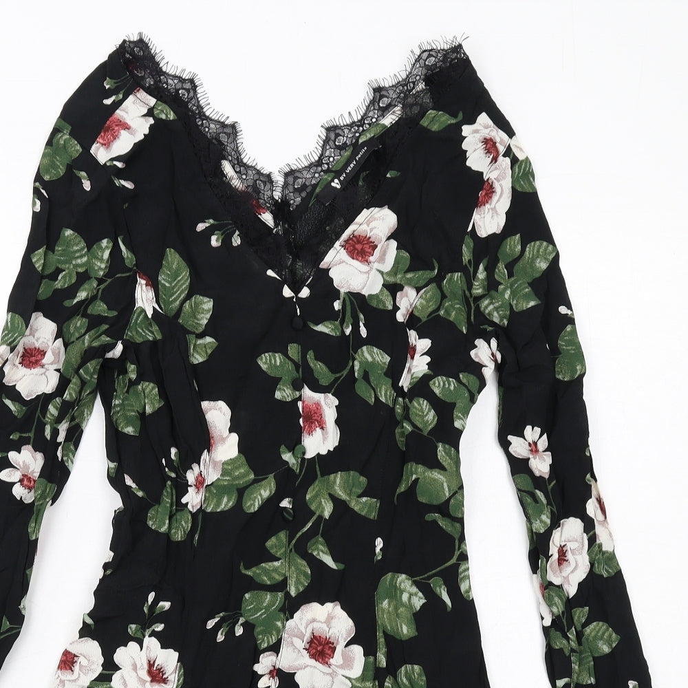 Very Womens Black Floral Viscose A-Line Size 10 V-Neck Zip - Lace Details