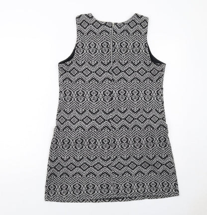 Wallis Womens Black Geometric Polyester Shift Size 12 Round Neck Zip