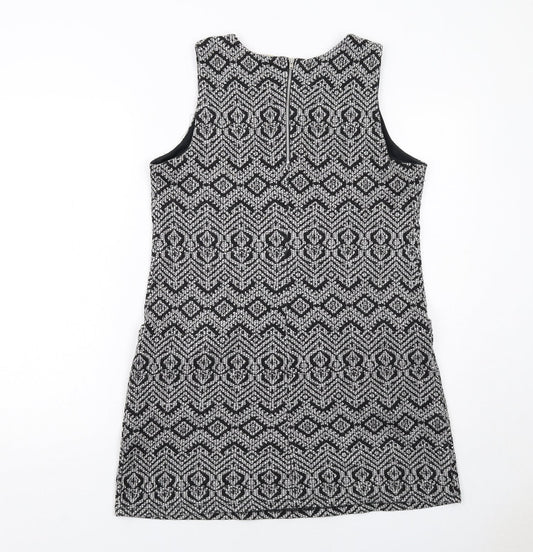 Wallis Womens Black Geometric Polyester Shift Size 12 Round Neck Zip
