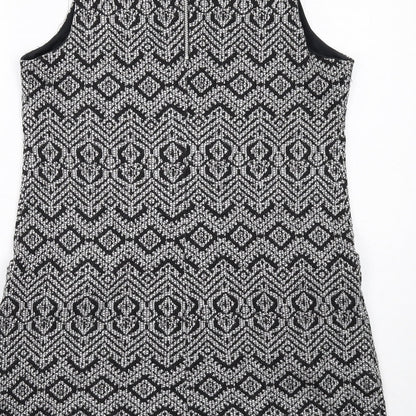 Wallis Womens Black Geometric Polyester Shift Size 12 Round Neck Zip