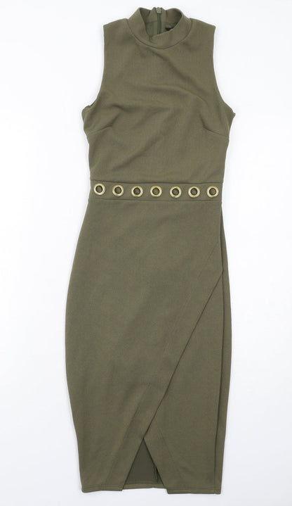 Miss Selfridge Womens Green Polyester Bodycon Size 4 Round Neck Zip