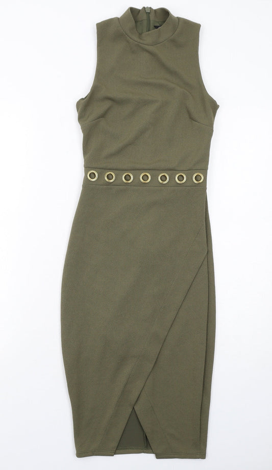 Miss Selfridge Womens Green Polyester Bodycon Size 4 Round Neck Zip