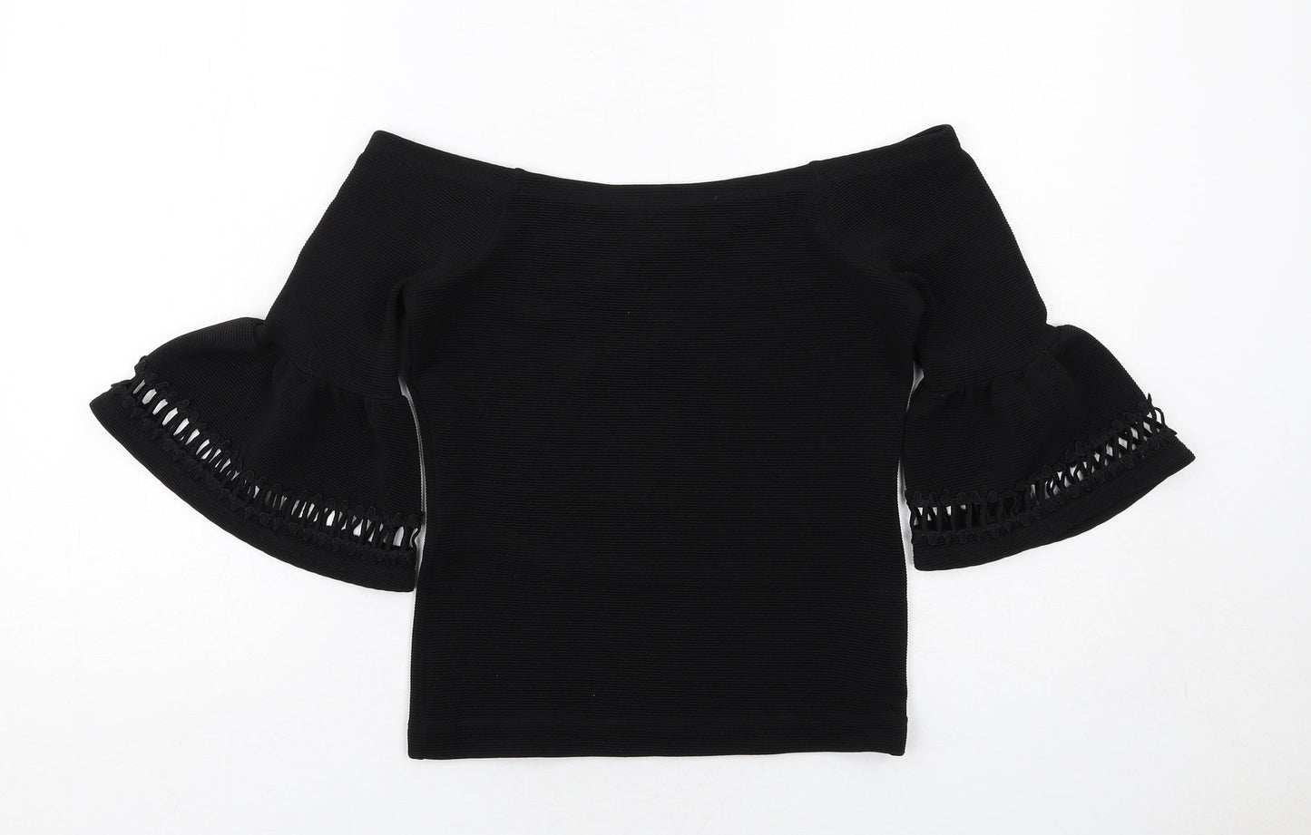 Miss Selfridge Womens Black Polyester Basic Blouse Size 8 Off the Shoulder - Flute Sleeve