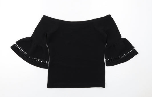 Miss Selfridge Womens Black Polyester Basic Blouse Size 8 Off the Shoulder - Flute Sleeve