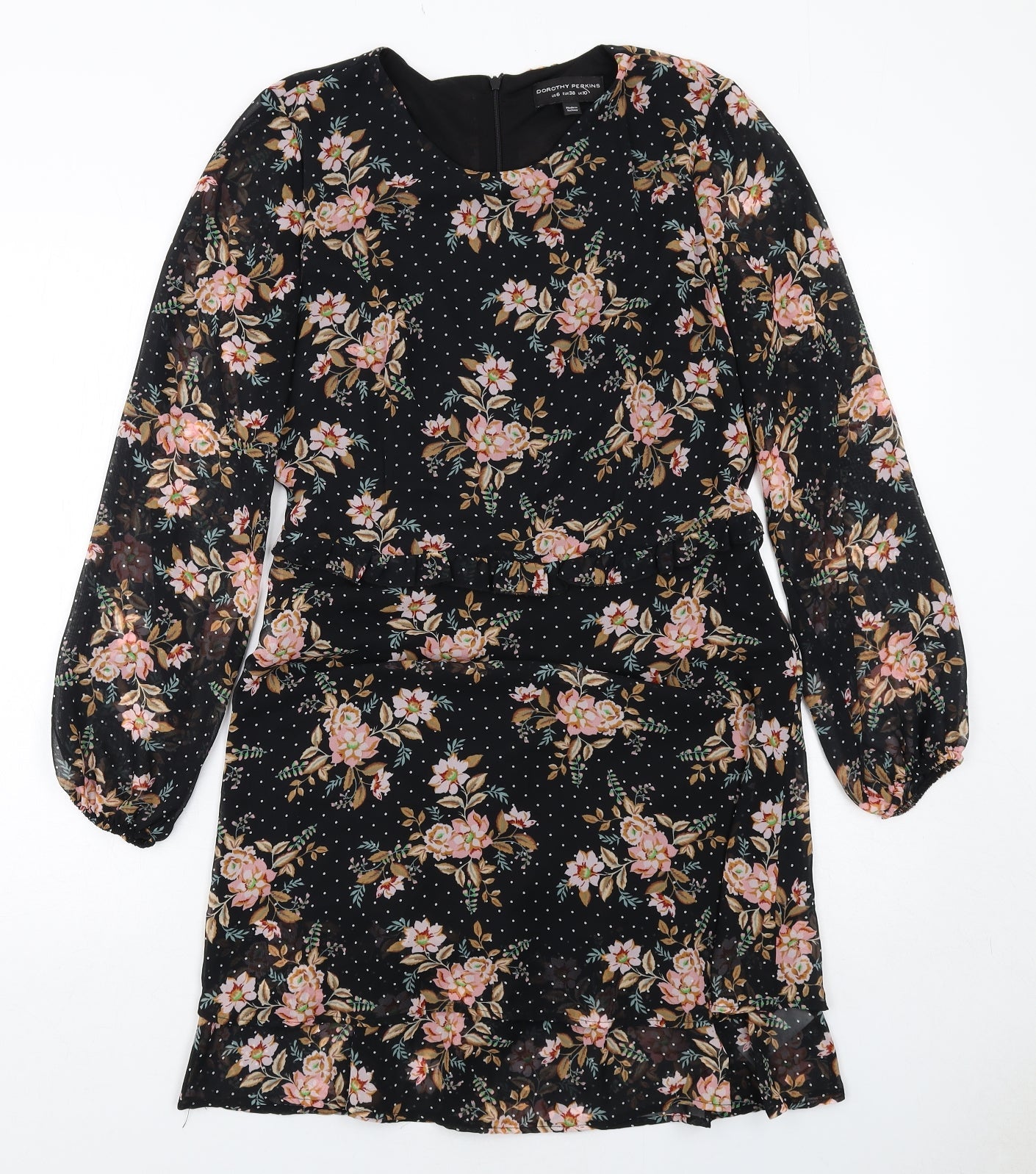 Dorothy Perkins Womens Black Floral Polyester Skater Dress Size 10 Round Neck Zip