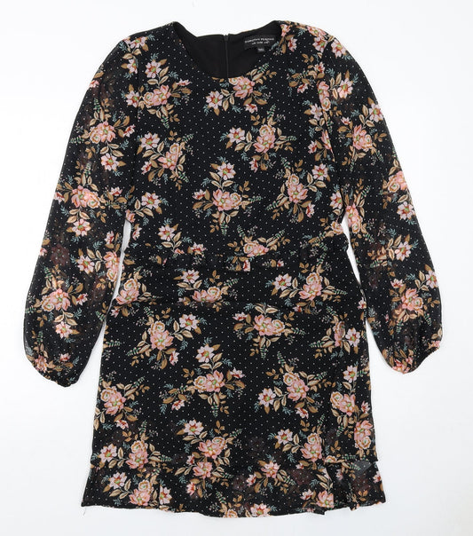 Dorothy Perkins Womens Black Floral Polyester Skater Dress Size 10 Round Neck Zip