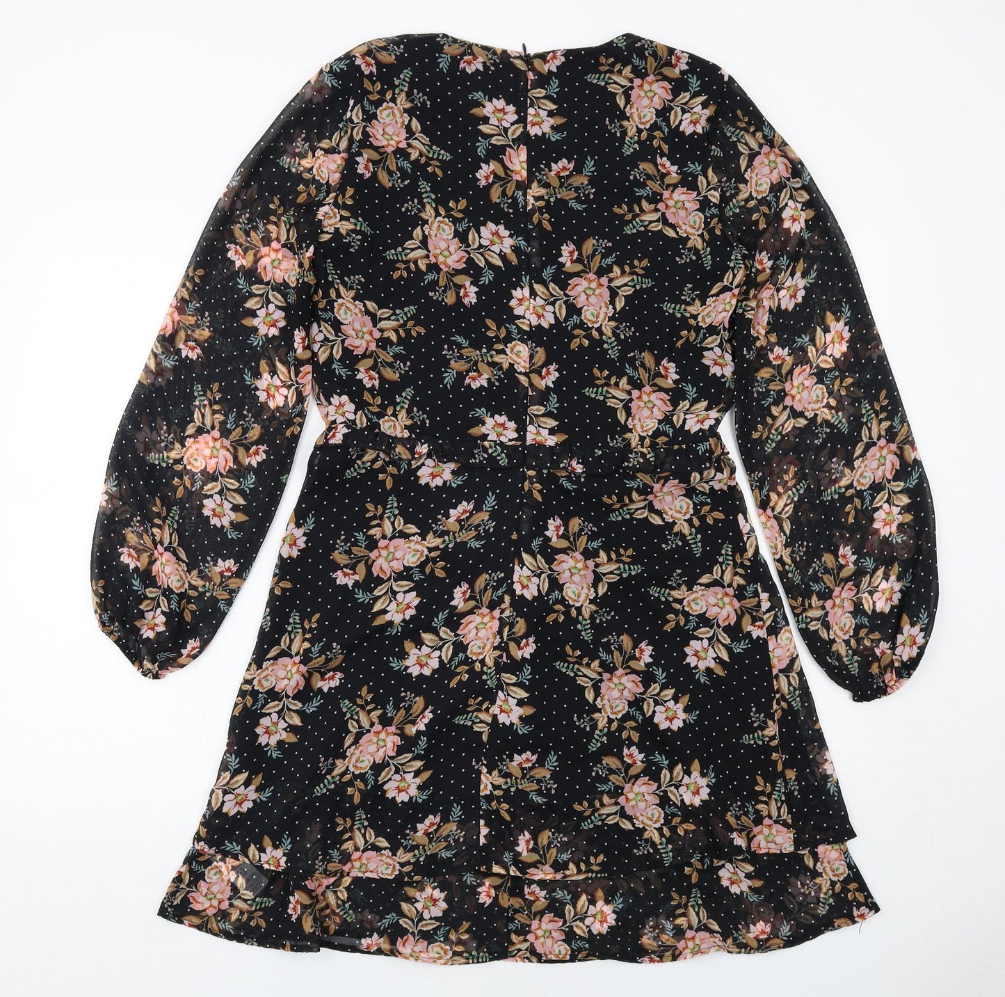 Dorothy Perkins Womens Black Floral Polyester Skater Dress Size 10 Round Neck Zip