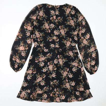 Dorothy Perkins Womens Black Floral Polyester Skater Dress Size 10 Round Neck Zip
