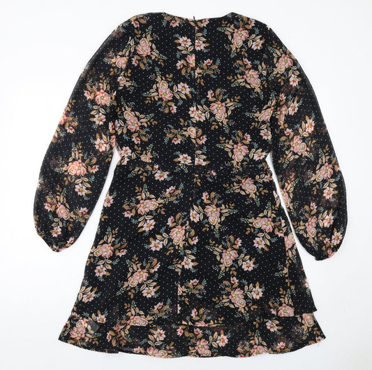 Dorothy Perkins Womens Black Floral Polyester Skater Dress Size 10 Round Neck Zip