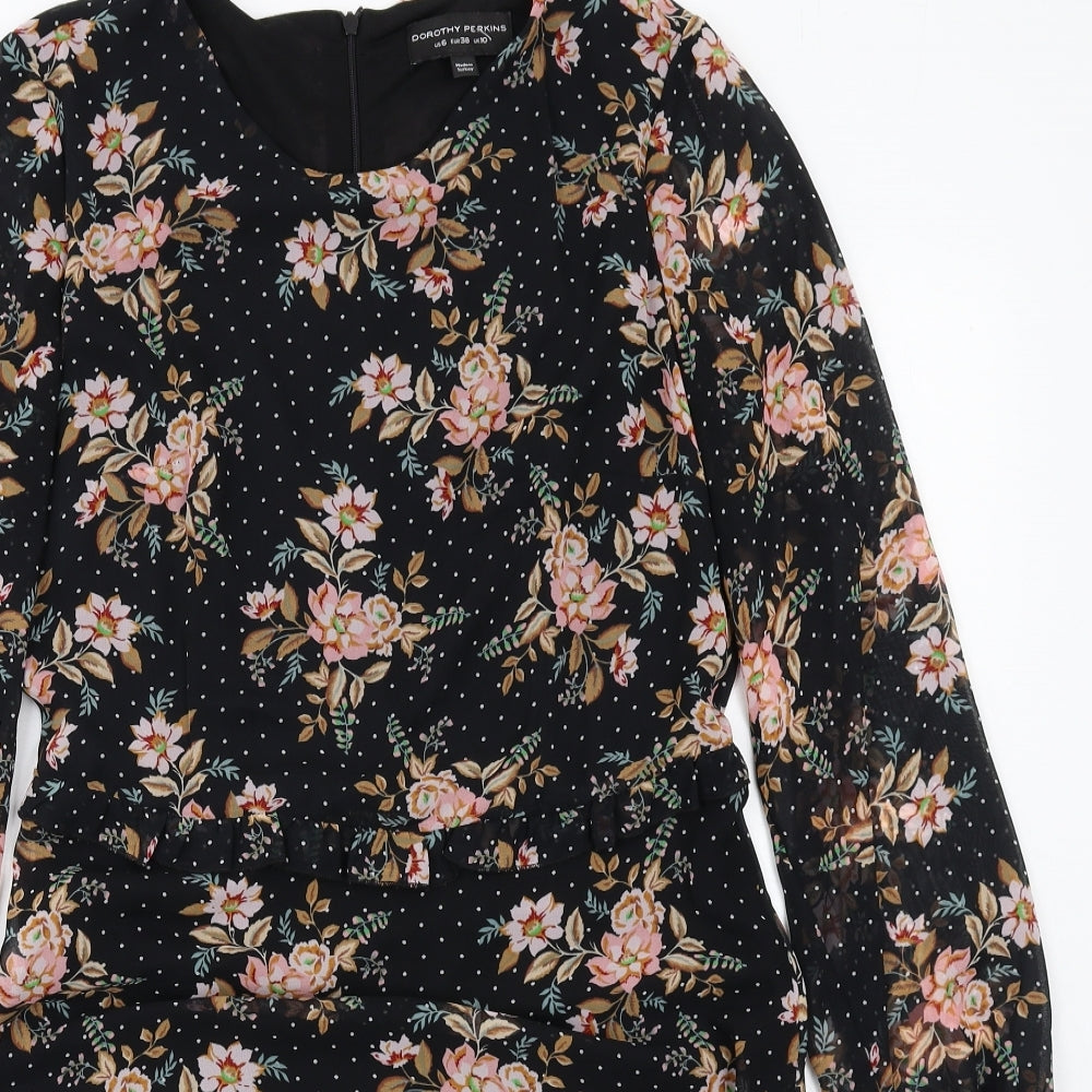 Dorothy Perkins Womens Black Floral Polyester Skater Dress Size 10 Round Neck Zip