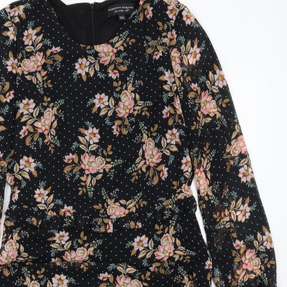 Dorothy Perkins Womens Black Floral Polyester Skater Dress Size 10 Round Neck Zip