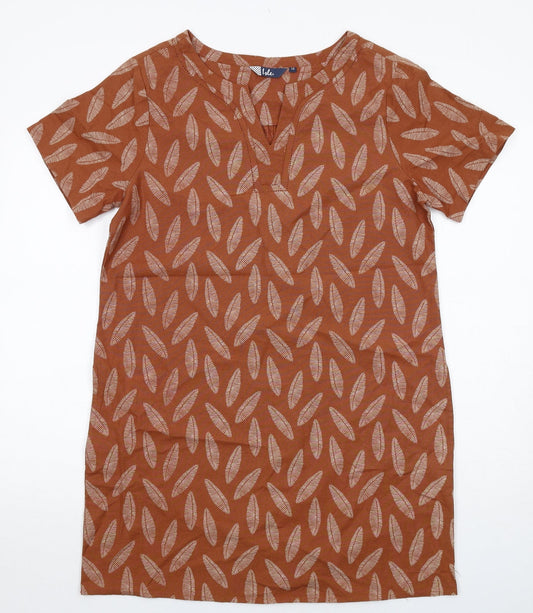 EWM Womens Brown Geometric Cotton A-Line Size 12 V-Neck Pullover