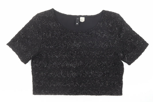 Divided by H&M Womens Black Geometric Polyester Cropped T-Shirt Size M Round Neck