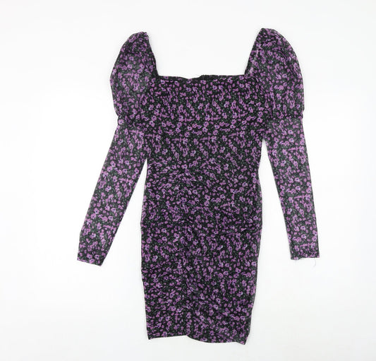 Quiz Womens Purple Floral Polyester Bodycon Size 10 Square Neck Zip