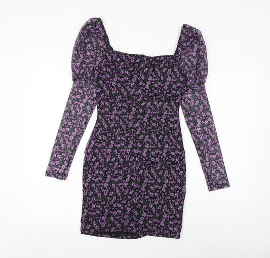 Quiz Womens Purple Floral Polyester Bodycon Size 10 Square Neck Zip