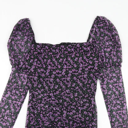 Quiz Womens Purple Floral Polyester Bodycon Size 10 Square Neck Zip