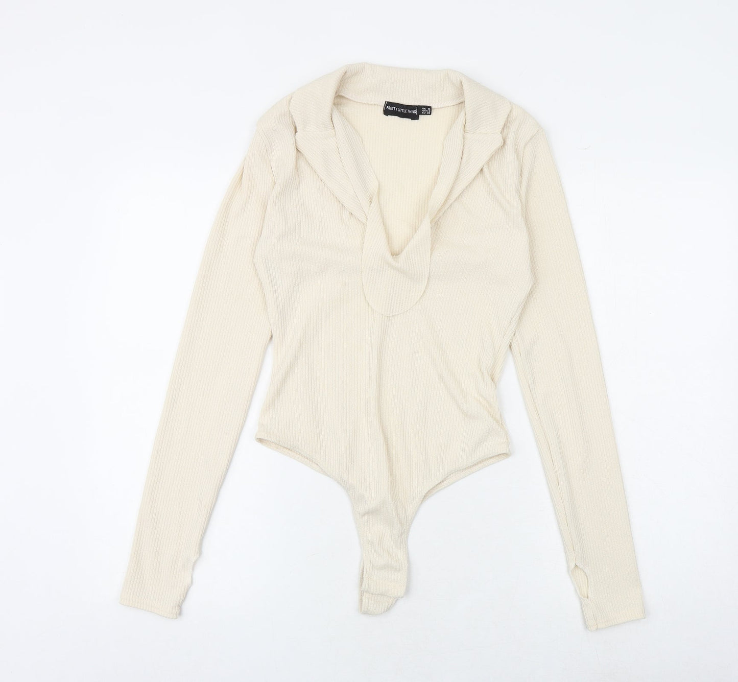 PRETTYLITTLETHING Womens Beige Polyester Bodysuit One-Piece Size 10 Snap