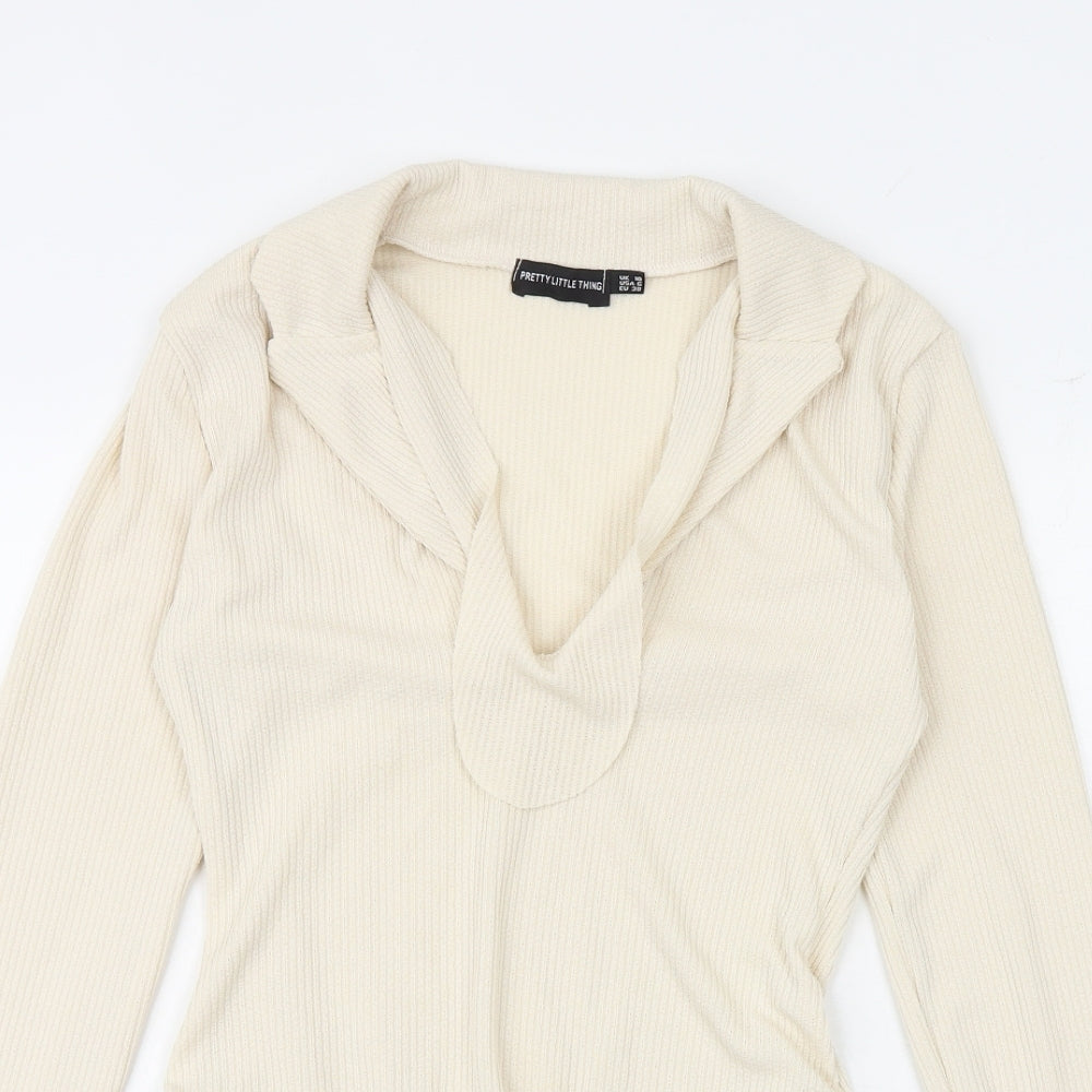 PRETTYLITTLETHING Womens Beige Polyester Bodysuit One-Piece Size 10 Snap