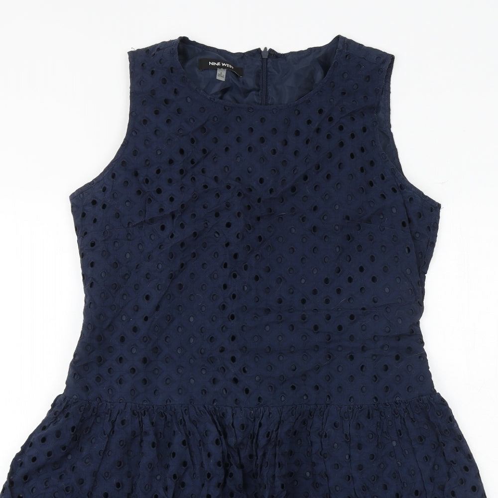Nine West Womens Blue Geometric Polyester Skater Dress Size 8 Round Neck Zip