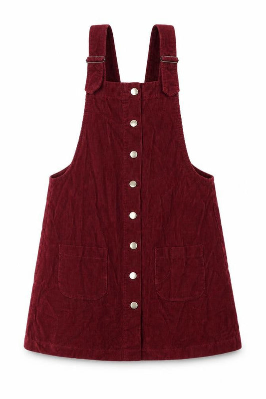 Front view of Cooperative women’s red 100% cotton pinafore/dungaree dress, size S, square neck button