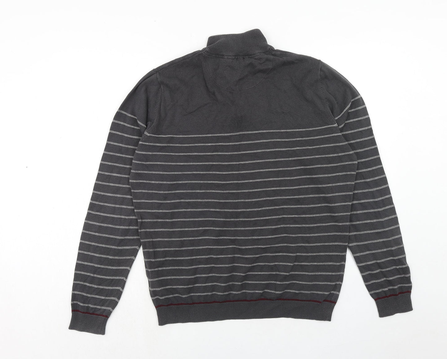 Kensington Mens Grey High Neck Striped Cotton Pullover Jumper Size L Long Sleeve