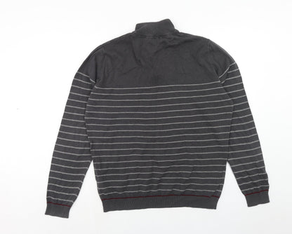 Kensington Mens Grey High Neck Striped Cotton Pullover Jumper Size L Long Sleeve