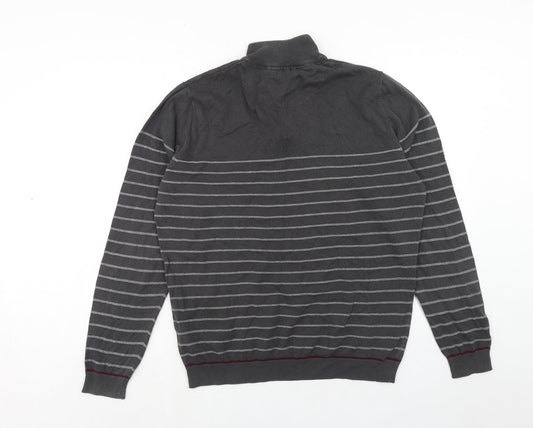 Kensington Mens Grey High Neck Striped Cotton Pullover Jumper Size L Long Sleeve