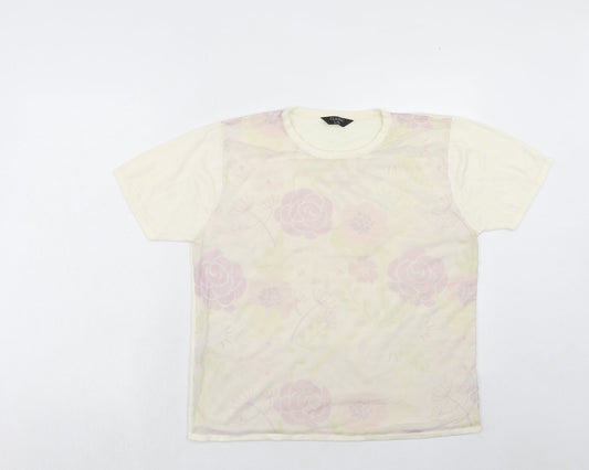 Classic Womens Ivory Round Neck Floral Acrylic Pullover Jumper Size L - Size L-XL