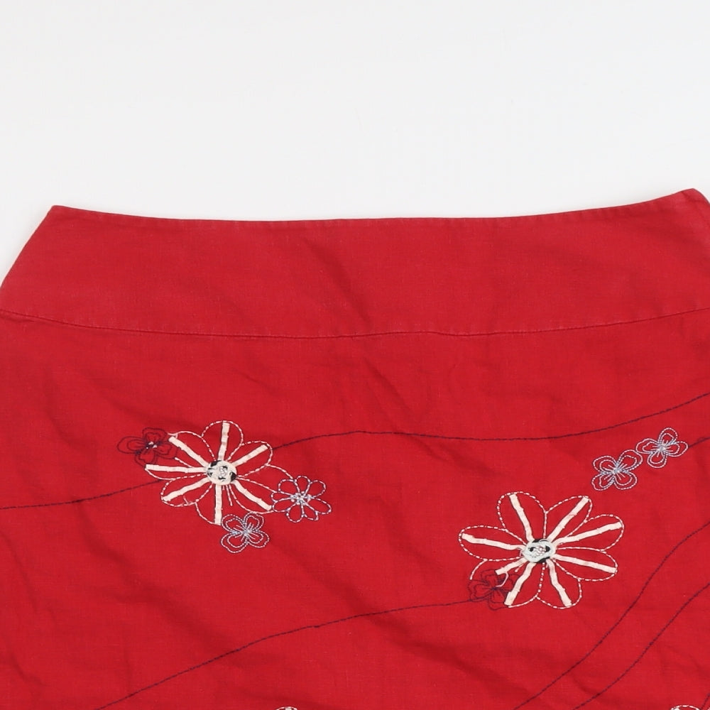 NEXT Womens Red Geometric Linen A-Line Skirt Size 14 Zip