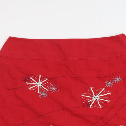 NEXT Womens Red Geometric Linen A-Line Skirt Size 14 Zip