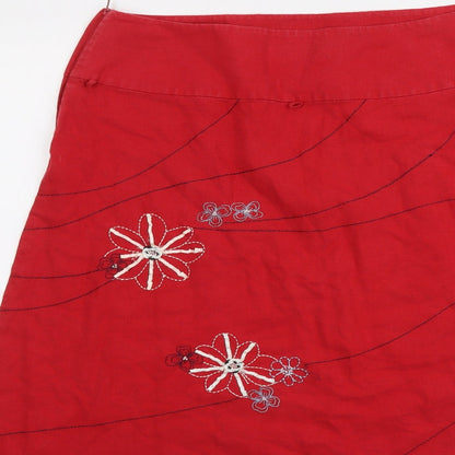 NEXT Womens Red Geometric Linen A-Line Skirt Size 14 Zip